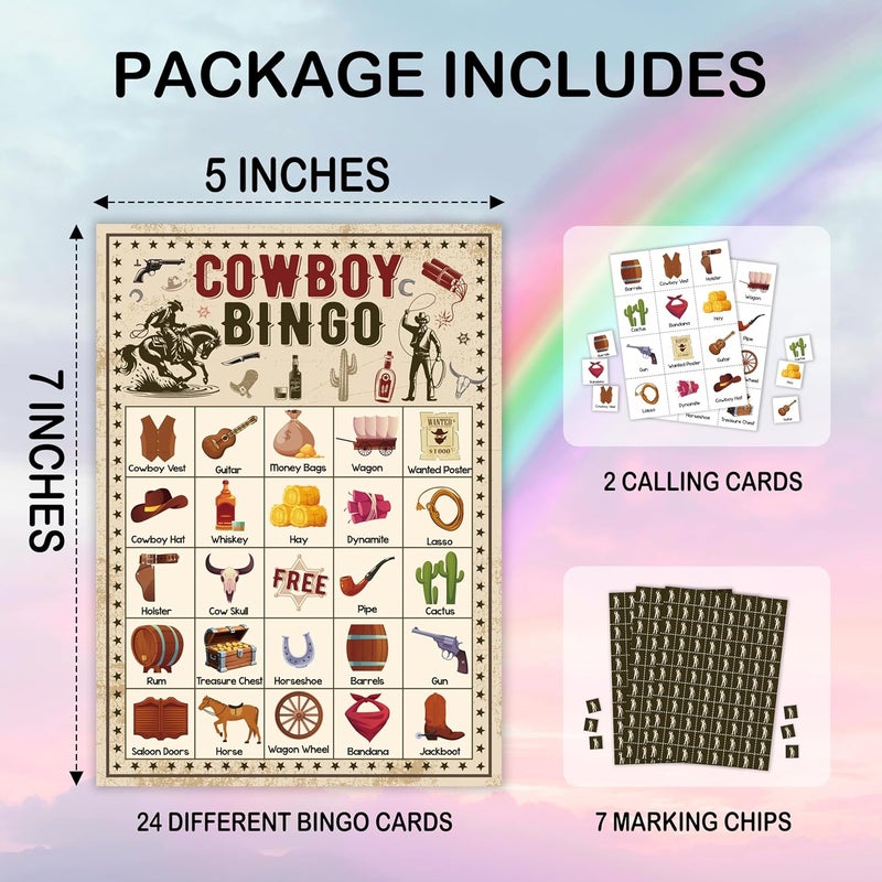 Mueddur Cowboy Bingo Card Game, Wild West Bingo Set for Adults Family Friends, Western Party Decorations, Cowboy Bingo Kit for Birthday Party, Holiday Games for 24 Players -07 - Image 2